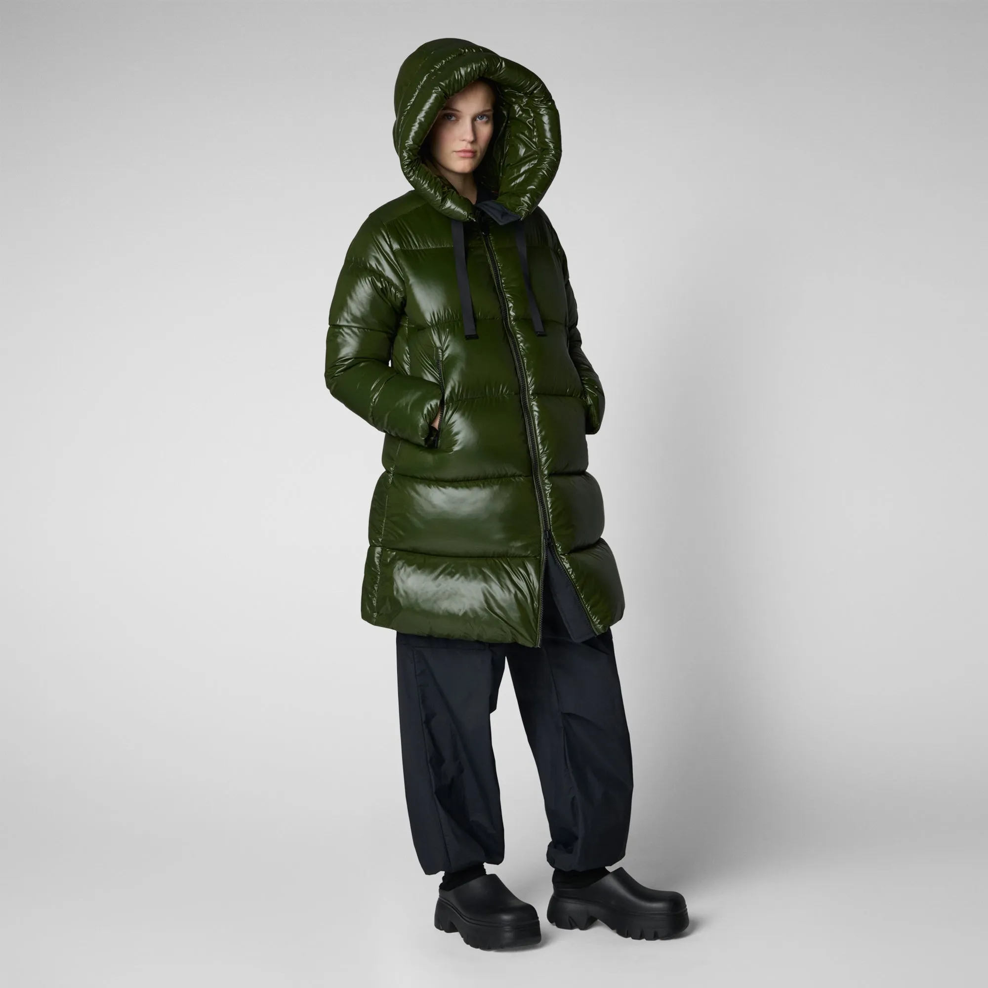 Woman's animal free hooded puffer jacket Isabel in pine green