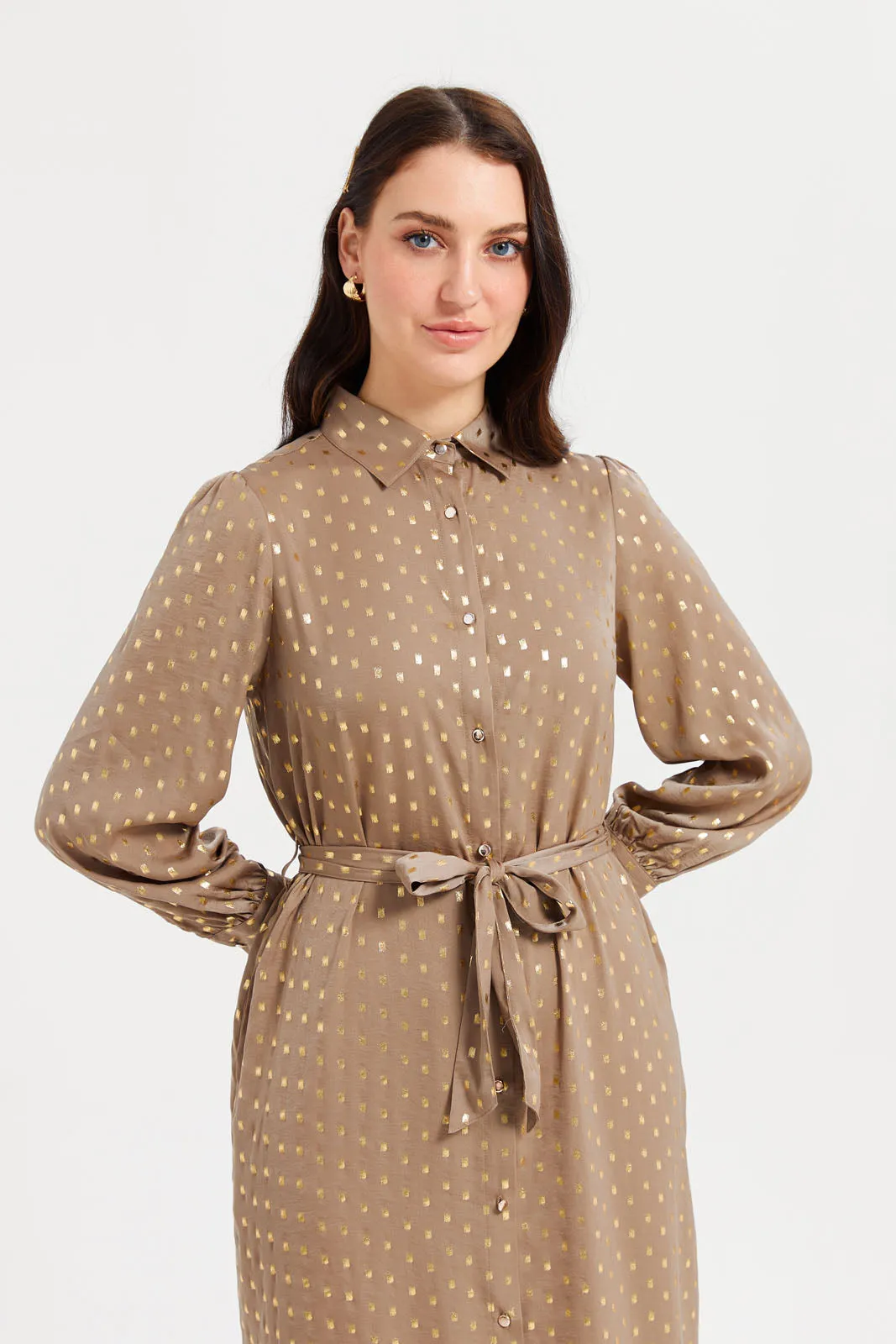 Women Beige Embellished Shirt Dress