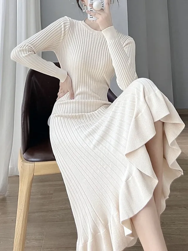 Women's Elegant Long Sleeve Ruffle Sweater Knit Dress