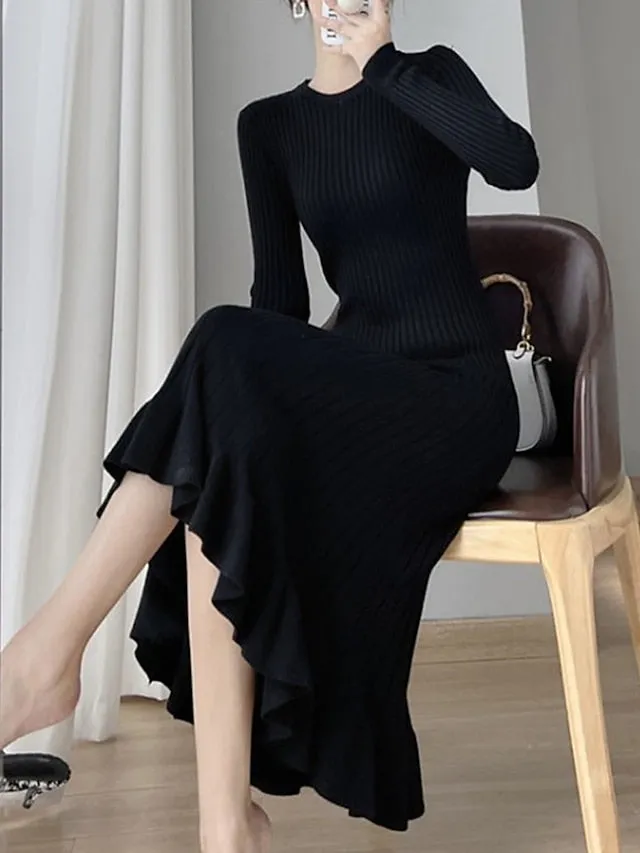 Women's Elegant Long Sleeve Ruffle Sweater Knit Dress